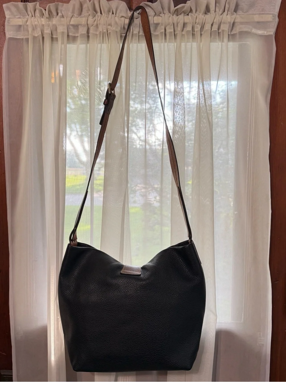 Dooney & Bourke Black Pebbled Leather Derby Hobo with Brown Strap Gold Hardware